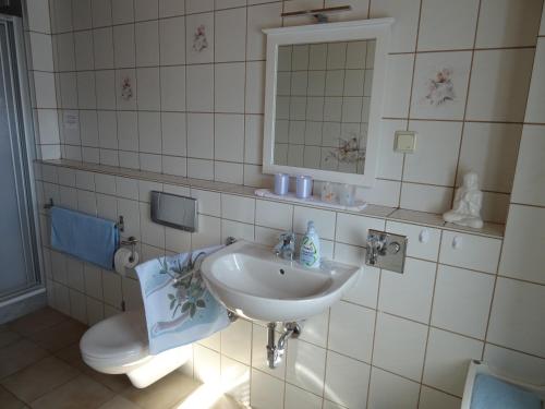 a bathroom with a sink and a toilet at Ferienwohnung Bäckerei Förster in Bad Schandau