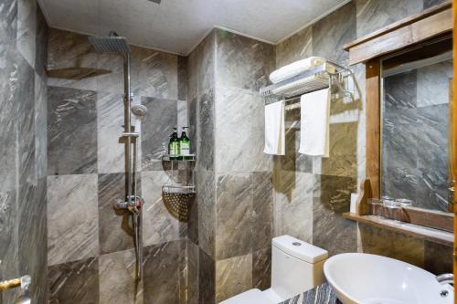 a bathroom with a shower and a toilet and a sink at Destination Youth Hostel in Zhangjiajie