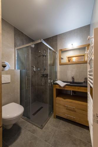 une salle de bain avec une douche, des toilettes et un lavabo dans l'établissement ODYSSEE B101 - Appartement traversant sur les pistes, à La Toussuire