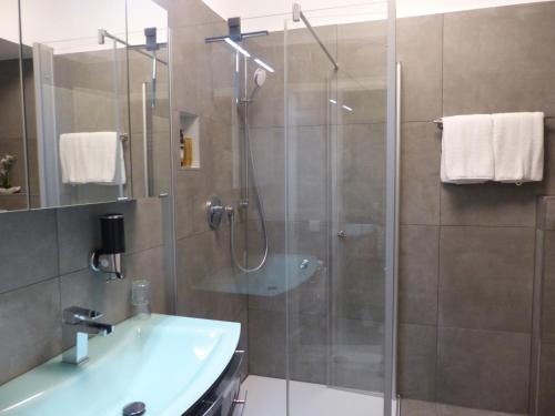a bathroom with a glass shower and a sink at Dasluki in Köngen