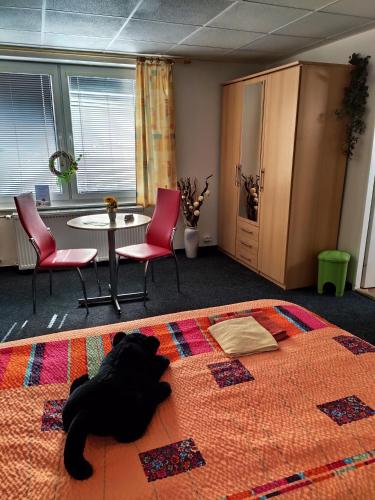 a black dog laying on the floor in a room at Penzion u Krtka in Kraslice