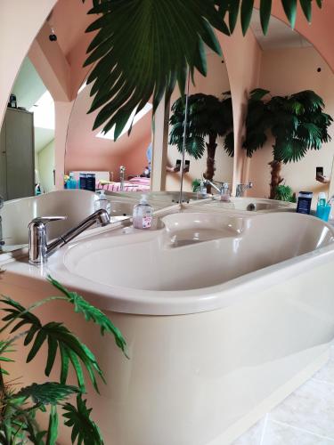 a large white bath tub in a bathroom with palm trees at Penzion u Krtka in Kraslice