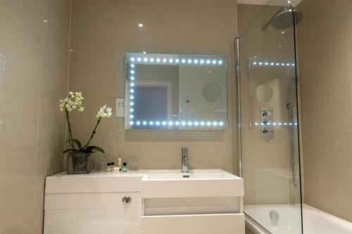 a bathroom with a sink and a mirror at London Lodge Hotel in London