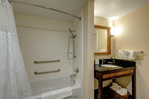 a bathroom with a shower and a sink at Garrison Hotel & Suites Dover-Portsmouth, an Ascend Collection Hotel in Dover