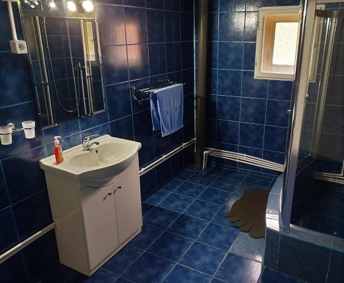 a blue tiled bathroom with a sink and a shower at Casa Dobra in Arieşeni