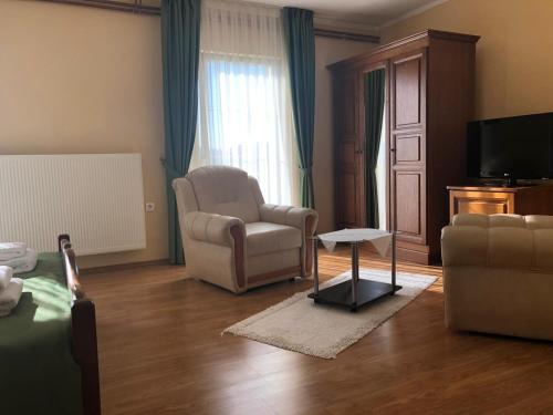 a living room with a couch and a chair and a television at Bed and Breakfast Albatros in Perušić