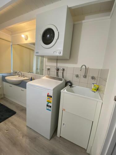 une salle de bain avec un lavabo et une machine à laver dans l'établissement Ropers, à Dinner Plain