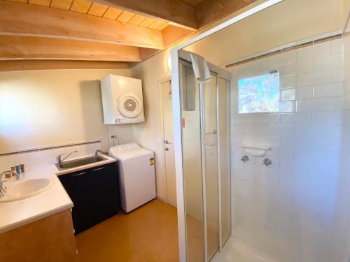 a small bathroom with a sink and a shower at Snowdragon in Dinner Plain