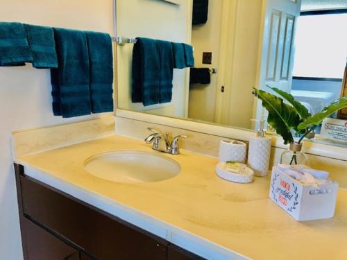 a bathroom counter with a sink and a mirror at French Banyan in Honolulu