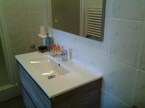 a bathroom with a white sink and a mirror at Bed & Breakfast Meinsma in Moddergat