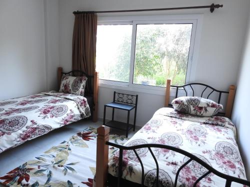 two beds in a room with a window at Ertunalp Apartment in Mağusa