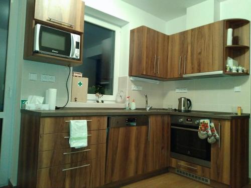 a kitchen with wooden cabinets and a microwave at Penzion Amalka Dobříkov in Dobříkov
