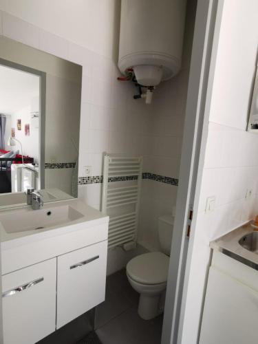 une salle de bain blanche avec des toilettes et un lavabo dans l'établissement Lou mistraou, à La Garde