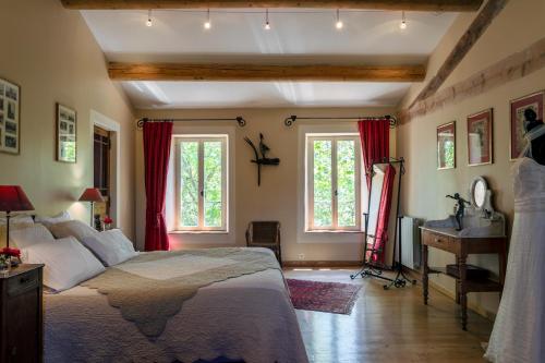 a bedroom with a large bed and two windows at Gîtes Domaine des Machottes in Grans