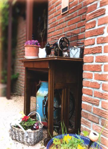 a table with flowers and plants on a brick wall at Hof Seebrookquelle in Schlesen