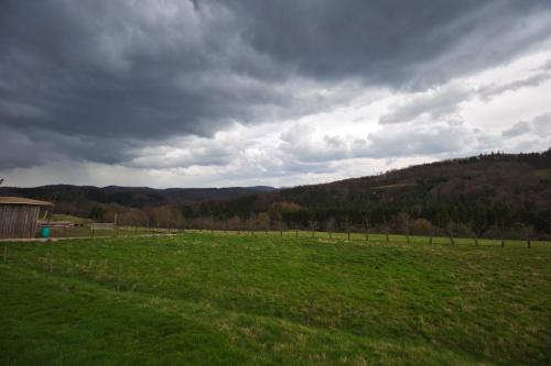 a large green field with a cloudy sky in the background at Haus Talblick in Stocksberg