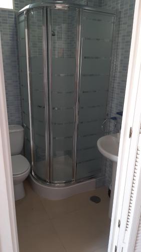 y baño con ducha, aseo y lavamanos. en Sherry house, en Jerez de la Frontera