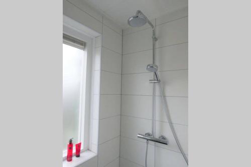 y baño con ducha con cabezal de ducha. en Wadnhûs, en Kollum