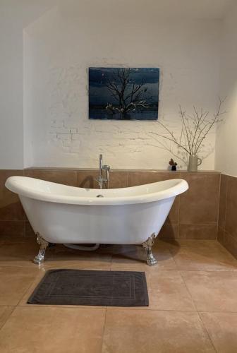 a bath tub in a bathroom with a painting on the wall at Luxusboofe - Ferienhaus am Lilienstein in Königstein an der Elbe