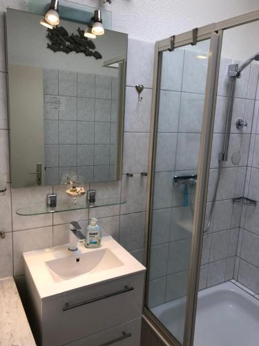 een badkamer met een wastafel en een douche bij Haus Solymar App. 59 in Grömitz