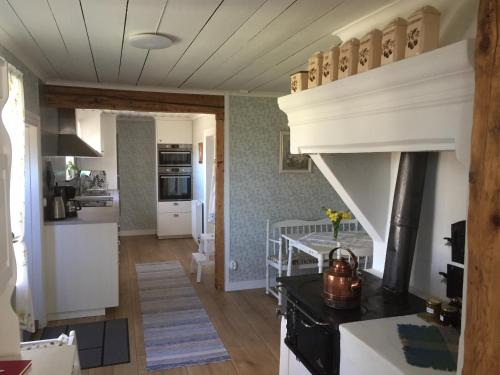 una cucina e un soggiorno con piano cottura e forno di Stenbrottets lillstuga a Falköping
