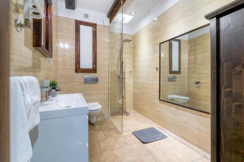 a bathroom with a toilet and a sink and a shower at Apartamenty K2 Podmurna 36 in Toruń