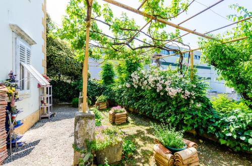 un jardín con flores y pérgola en Guest House Ivana, en Dubrovnik