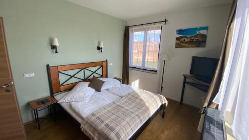 a bedroom with a bed and a window and a television at Penzion LaCasa in Vysoké Mýto