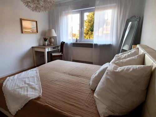 a bedroom with a bed with a window and a desk at Haus 15 in Offenburg