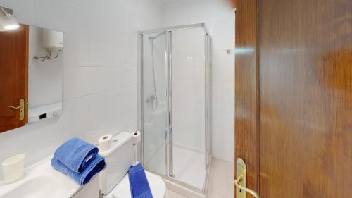 ein Bad mit einer Dusche, einem WC und einem Waschbecken in der Unterkunft Blancazul La Rociega in Playa Blanca