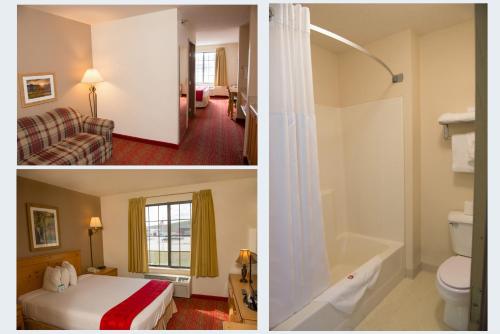 two pictures of a hotel room with a bed and a bathroom at Summerset Hotel and Suites Rapid City West in Summerset