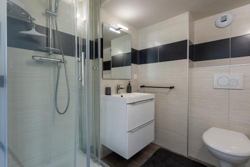 uma casa de banho com um WC, um lavatório e um chuveiro em Le 21 -GregIMMO-Appart'Hôtel em Montbéliard