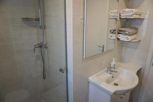 bagno con doccia, lavandino e specchio di Modern chalet at holiday park in Opmeer near Amsterdam a Opmeer