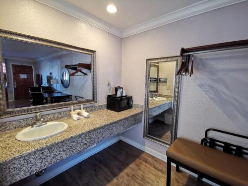 a bathroom with a sink and a large mirror at Journey Inn in Woodland