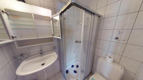 ein Bad mit einer Dusche, einem Waschbecken und einem WC in der Unterkunft Guferli in Blatten bei Naters
