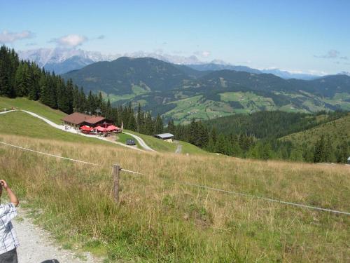 a man standing on a hill with a fence at Landhaus Fingerhof in Flachau