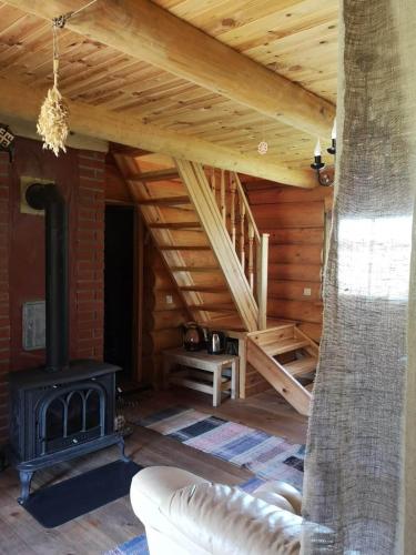 a living room with a woodburning stove in a cabin at Pirts māja Ramatas in Skulte