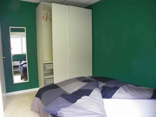 1 dormitorio con paredes verdes, 1 cama y espejo en Casa-Palo-Pique, en Icod de los Vinos