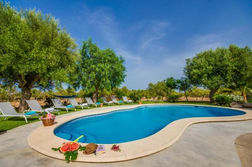 una piscina en un patio con sillas y árboles en Ideal Property Mallorca - Vernissa, en Santa Margalida