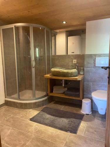 a bathroom with a shower and a toilet at Sonnbergchalet Islitzer in Uttendorf