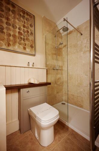 a bathroom with a toilet and a shower at Romantic Cottage with Wood-fired Hot tub and Outdoor Pizza Oven in Shrewsbury