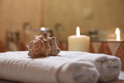 a toy animal sitting on a towel next to a candle at Village Villas in Lygia