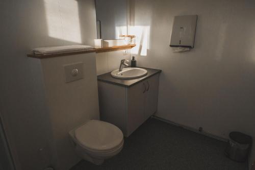 a small bathroom with a toilet and a sink at Ormurinn Guesthouse in Egilsstadir