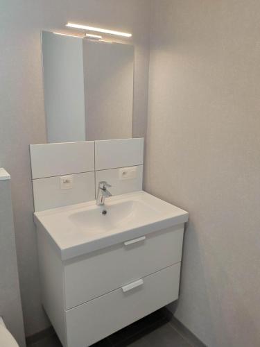 bagno con lavandino bianco e specchio di Maneveld a Opglabbeek
