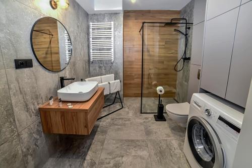 La salle de bains est pourvue d'un lavabo, de toilettes et d'un miroir. dans l'établissement Portowa Art, à Nowa Sól