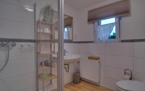 a white bathroom with a sink and a toilet at Zur grossen Tanne in Bühl