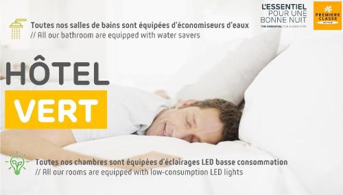 a flyer for a hotel vent with a man sleeping in a bed at Premiere Classe Nancy Est Essey in Essey-lès-Nancy