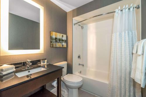 a bathroom with a toilet and a sink and a tub at Comfort Inn Airport in Winnipeg