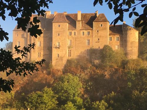 un castillo en la cima de una colina con árboles en Chateau Vue Boussac Chambres d'Hôtes, en Boussac