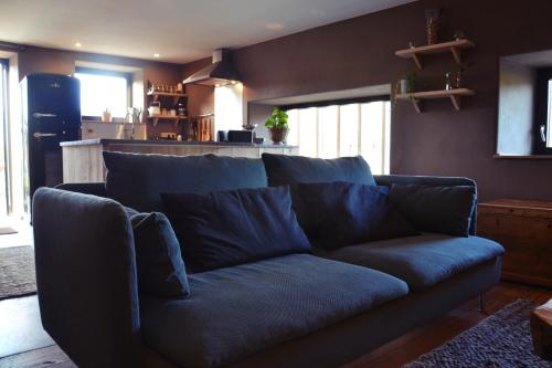 a blue couch sitting in a living room at La petite Reuleau - Gites champêtre "LE FENIL" et "LA FERMETTE SAUNA " in Ciney